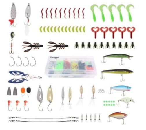 Vicloon Leurres de Pêche Kit 120pcs - Spinnerbaits,Plastique vers,Minnow,Popper,Leurres,Souples Pêche Jigs Crochets de Pêche
